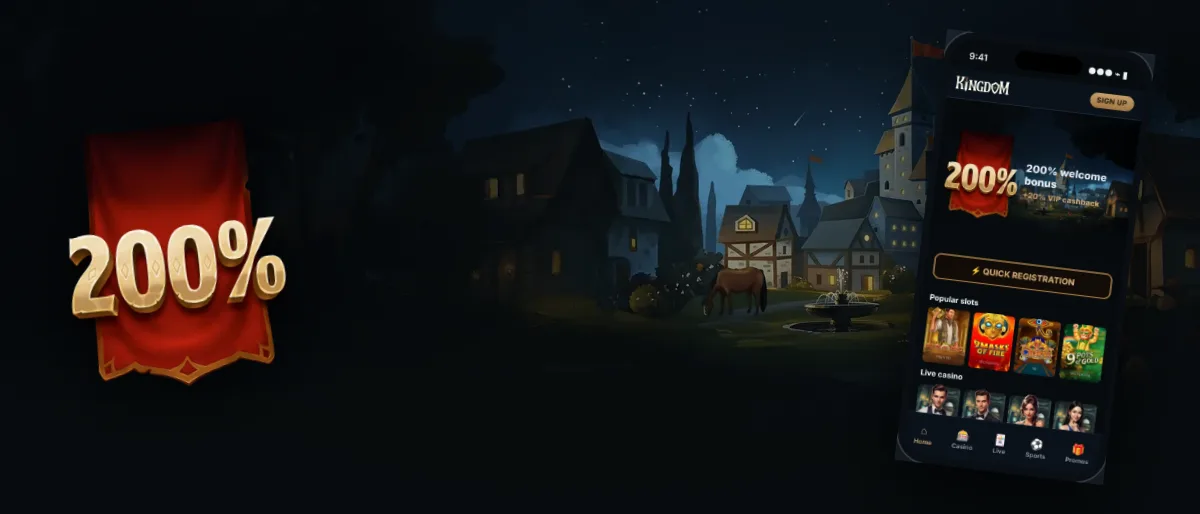 Kingdom Casino app welcome bonus banner with castle town